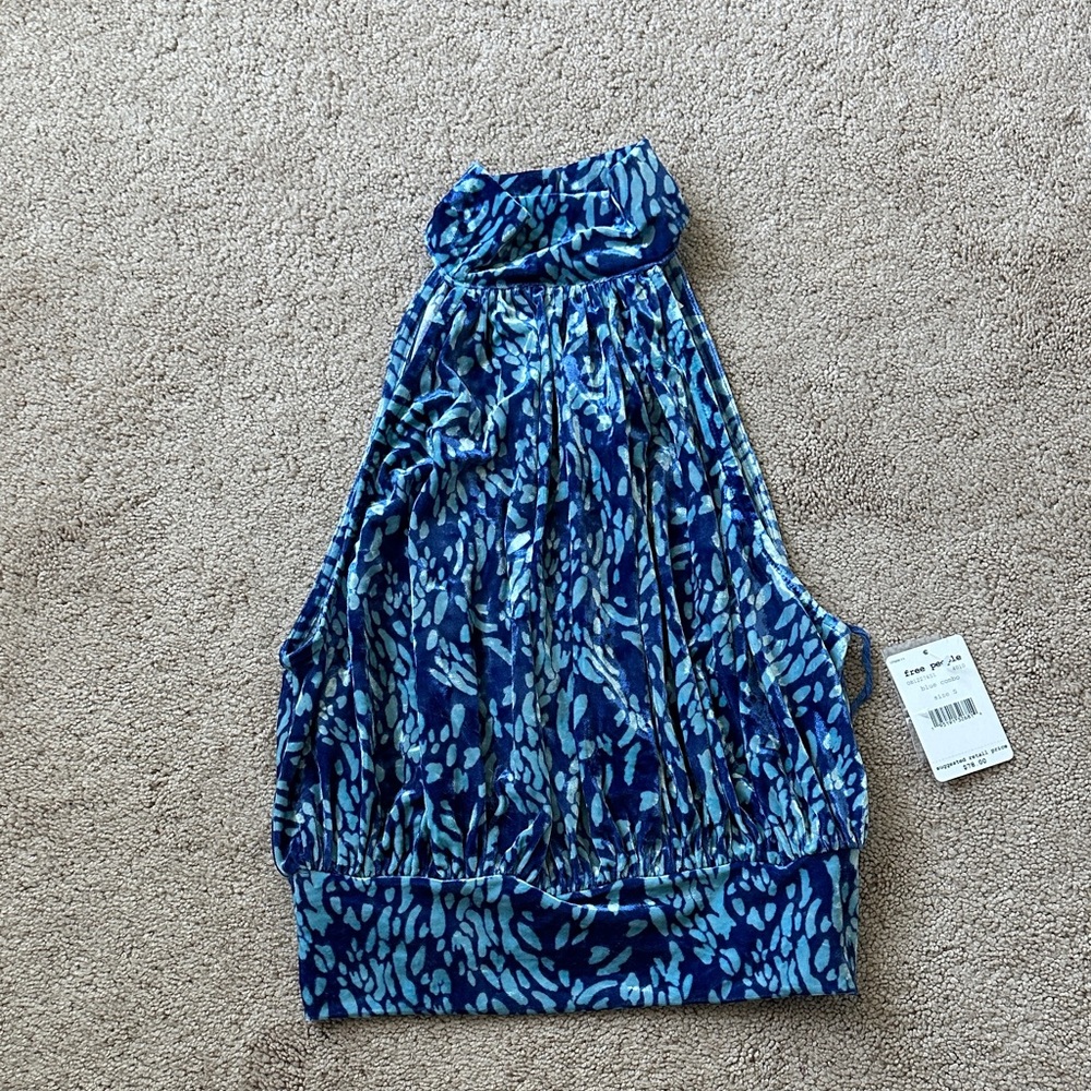 Free People Blue and White Patterned Top Velour high neck